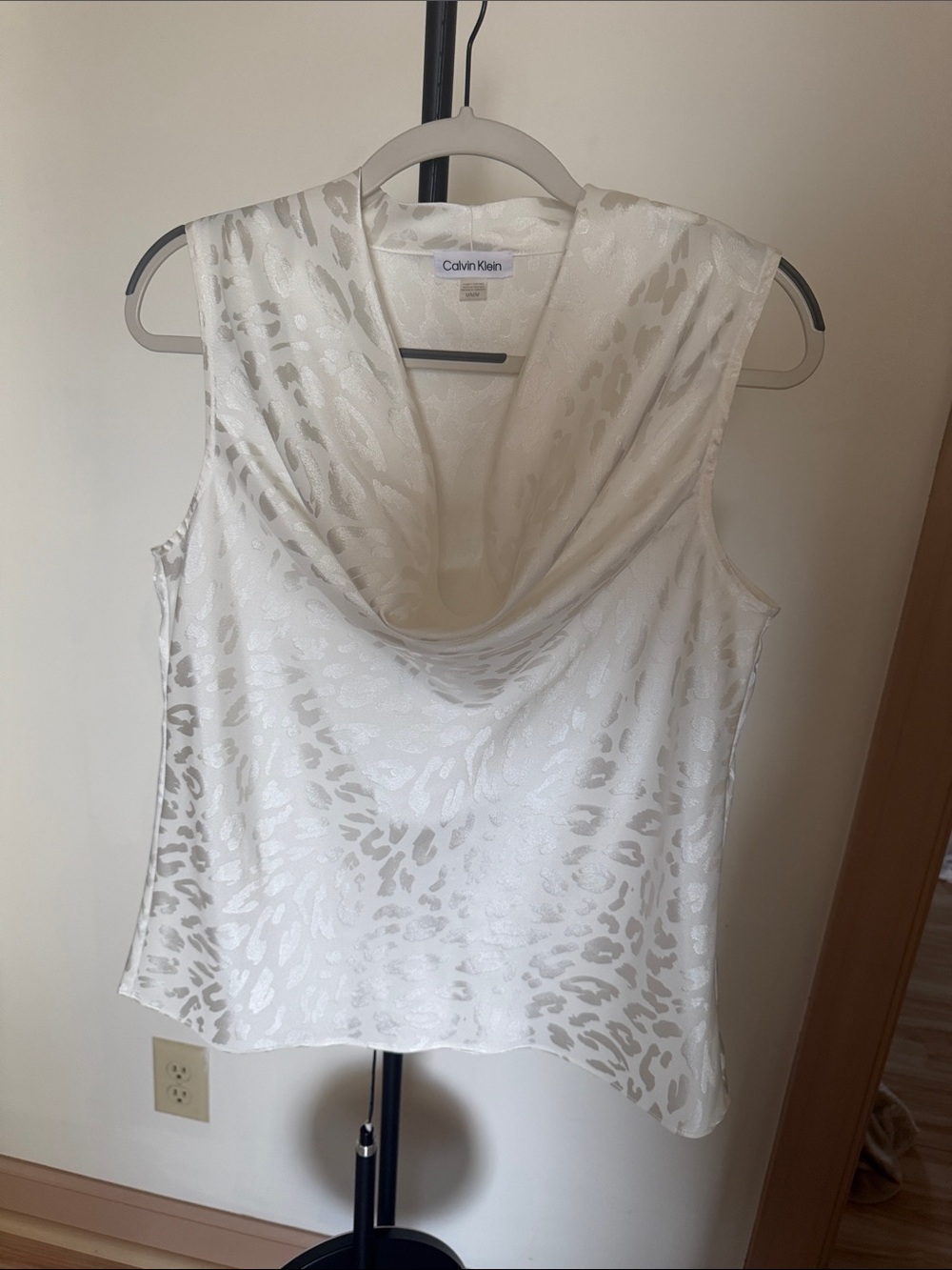 Calvin Klein White Satin Cowl-Neck Animal Jacquard Camisole